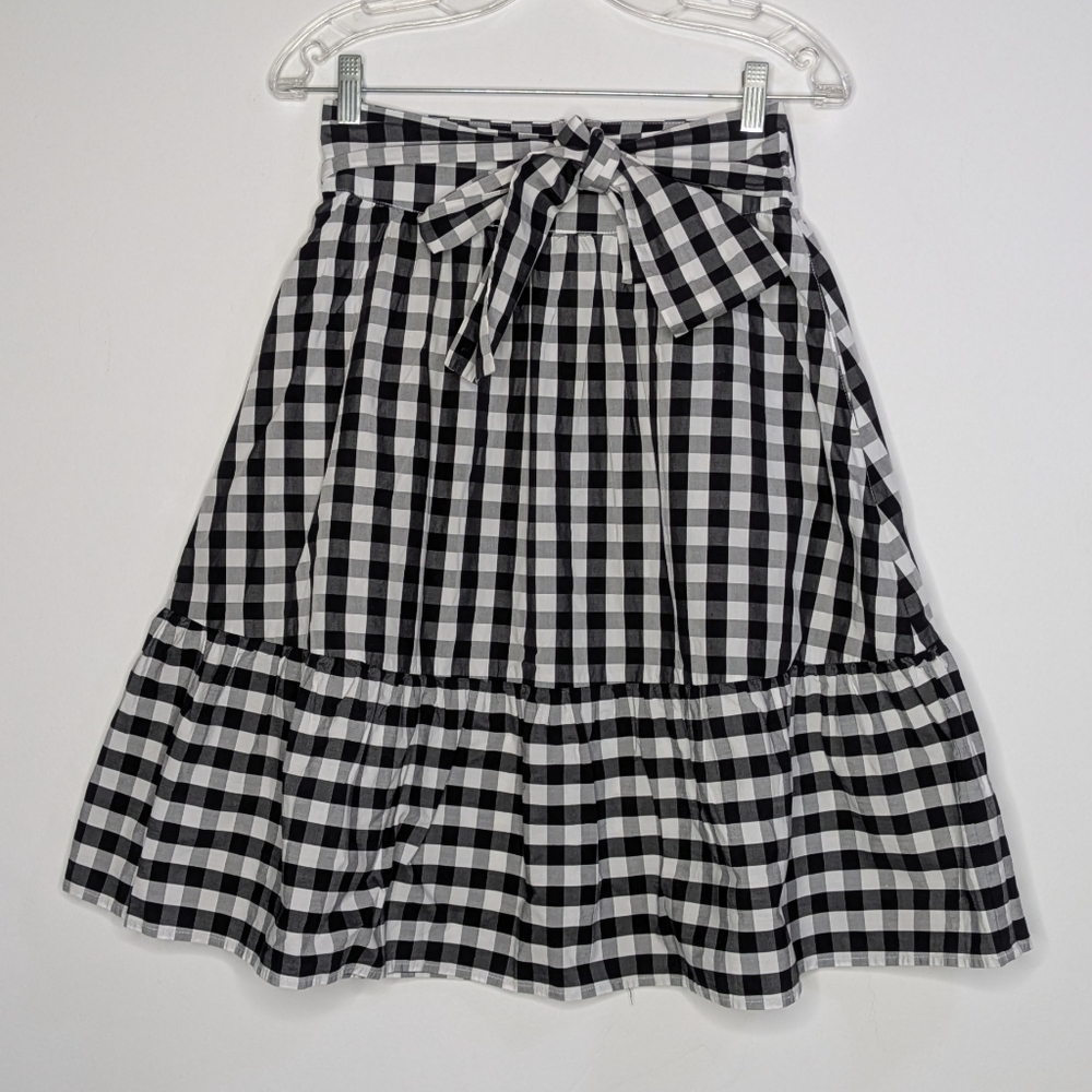 J Crew Factory Black White Checkered Gingham Tie Waist Zip Up Cotton Skirt 00
